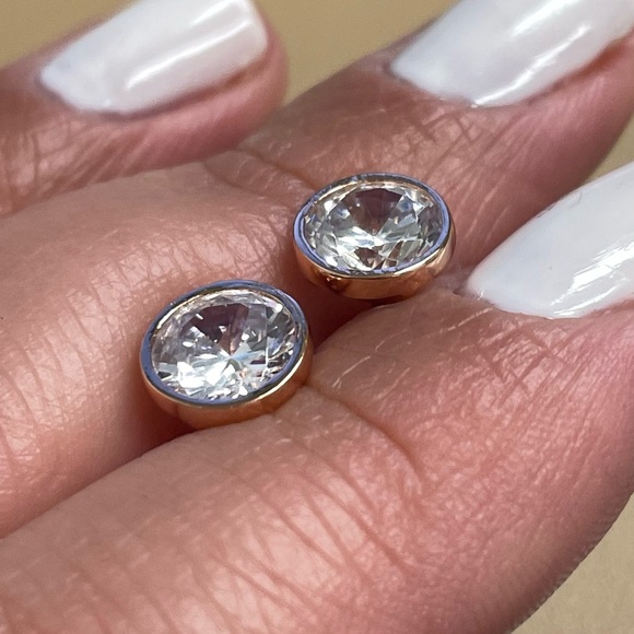 Diamond Stud Earrings, Sterling Silver with 14k Rose Gold, Bezel Stud Earrings - Picture 7 of 11